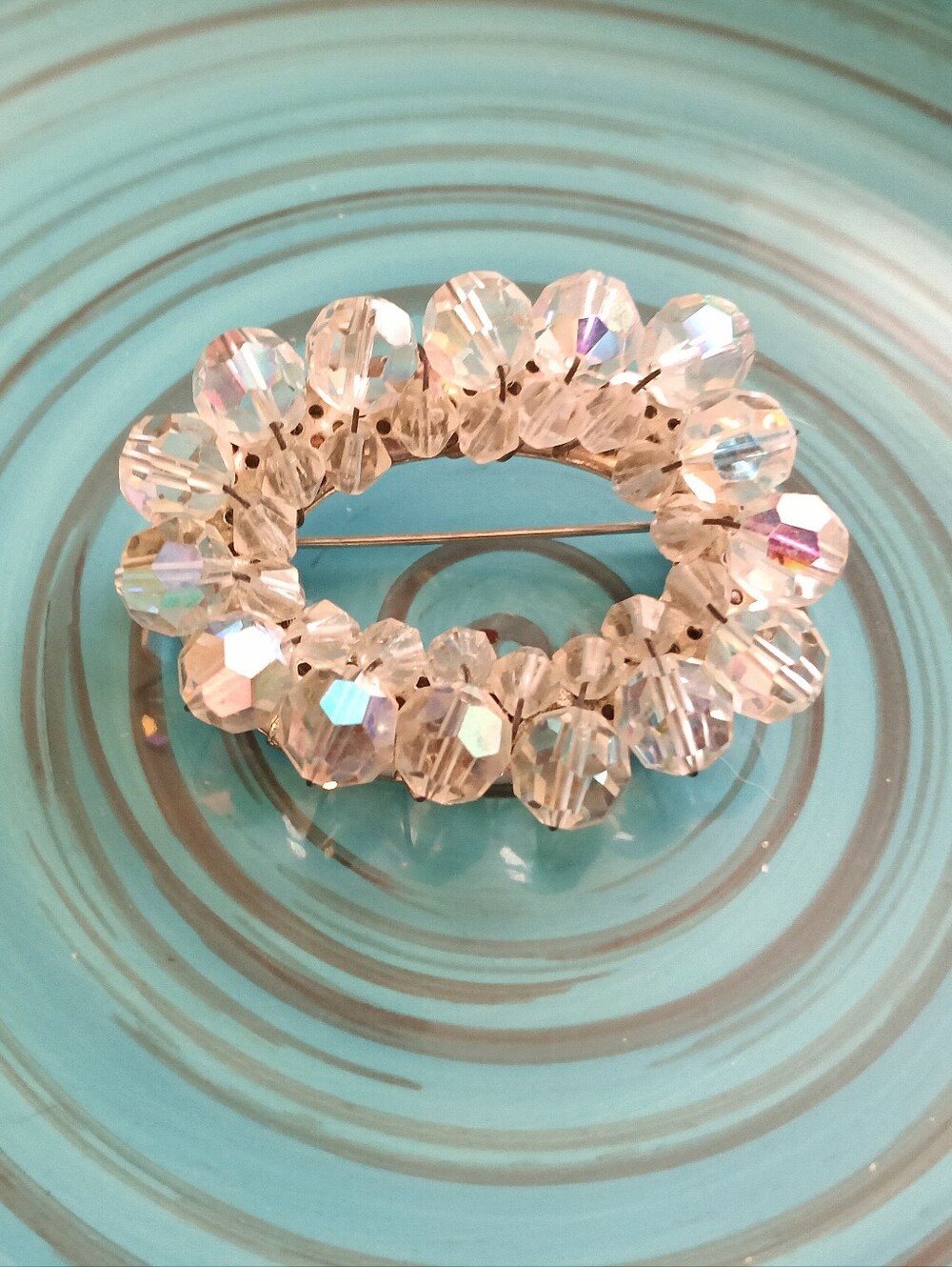 Vintage Iridescent Crystal Cluster & Silver Oval Brooch (1 3/4"L)